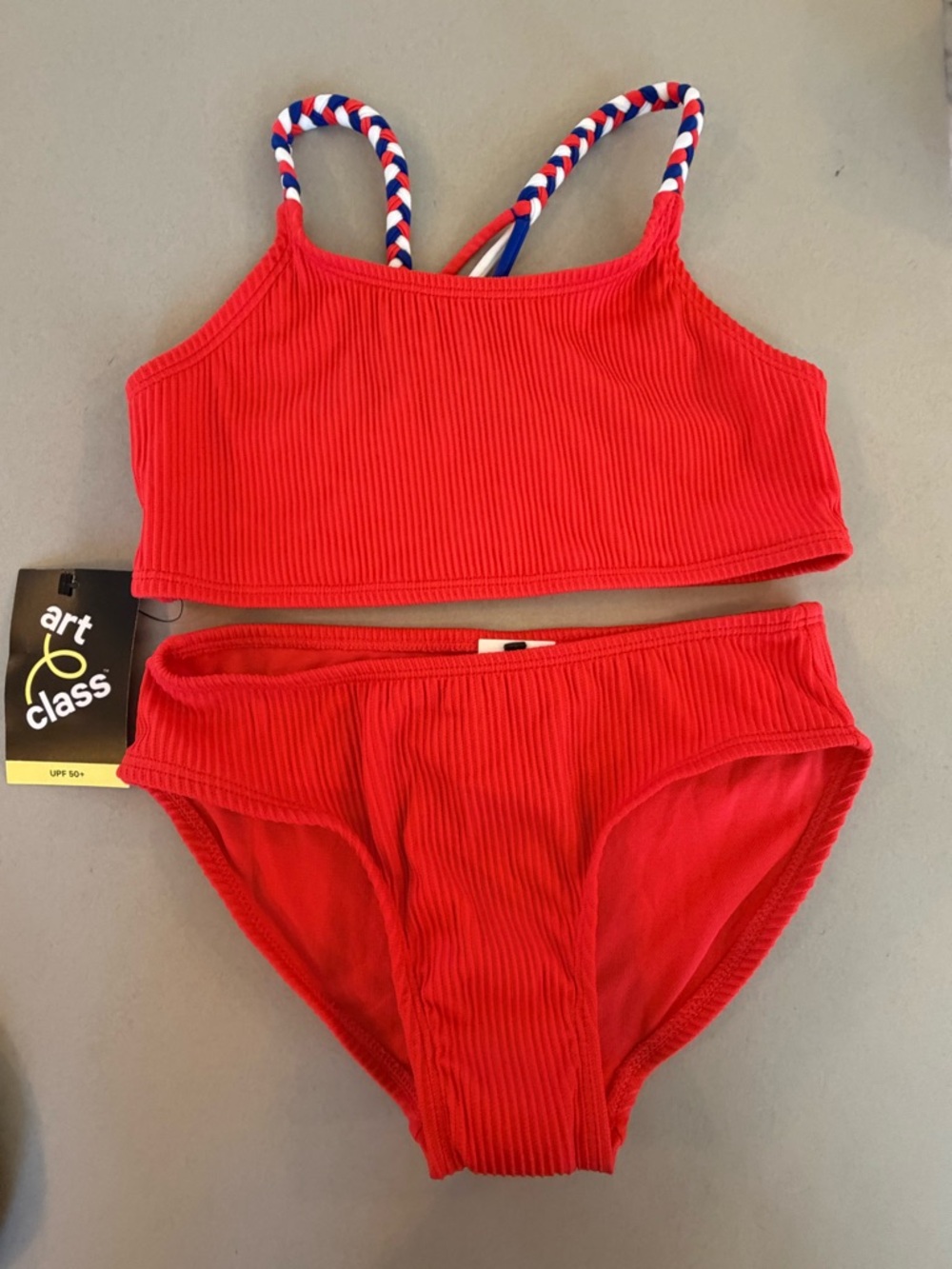 Art Class Red Ribbed Two-Piece Girl’s Swim Set. Red White & Blue! Size M (7-8)